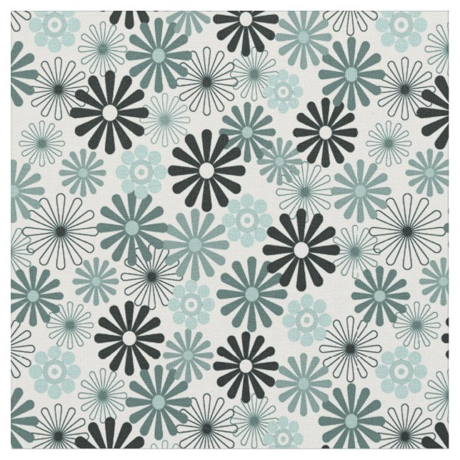 Aqua grey flowers 1960-x style fabric (Close Up)