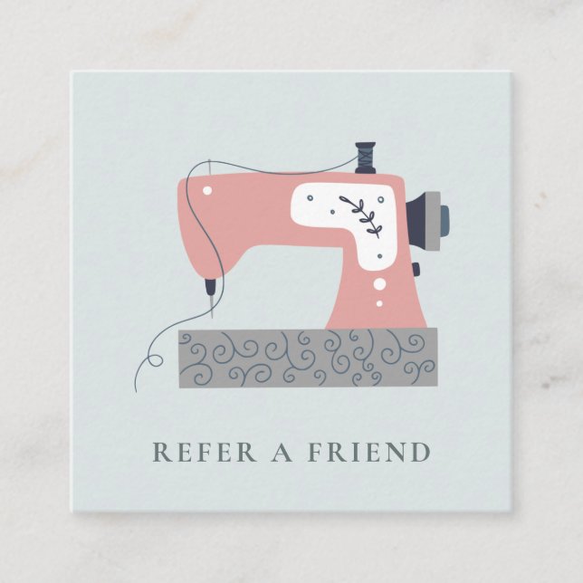 AQUA GREY PEACH PINK SEWING MACHINE REFER A FRIEND SQUARE BUSINESS CARD (Front)