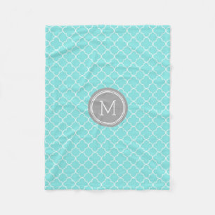 Aqua Grey Quatrefoil Pattern Monogram Blanket