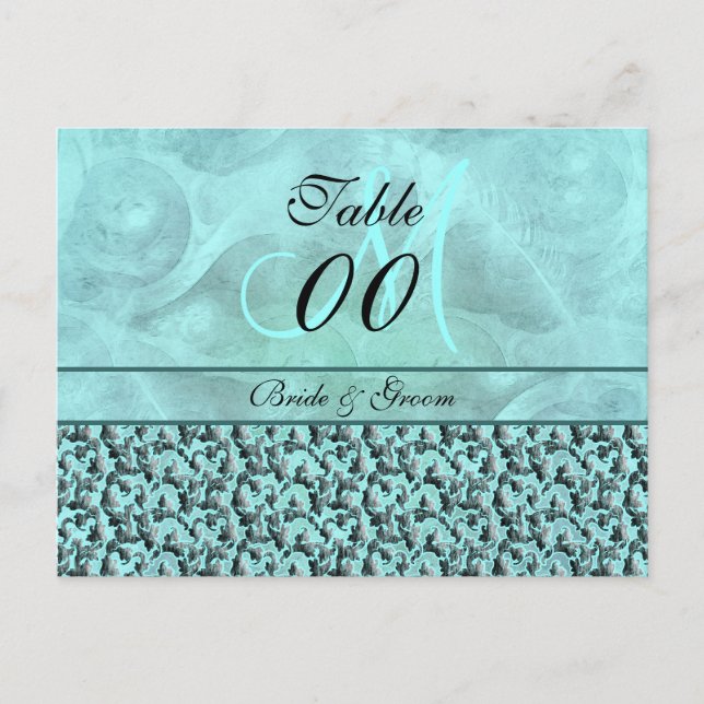 Aqua grey "table number" wedding damask postcard (Front)