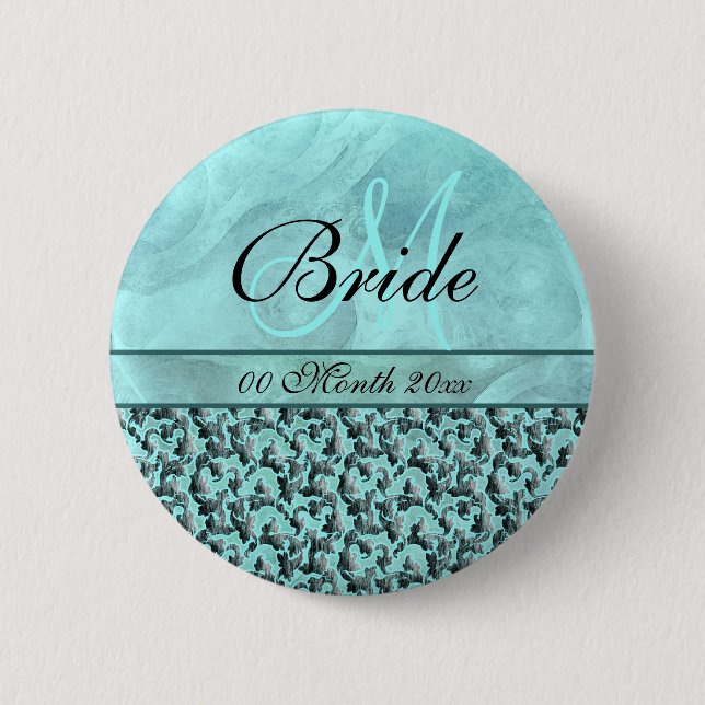 aqua grey wedding bride floral damask 6 cm round badge (Front)