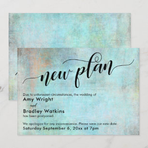 Aqua Grunge New Plan Postponed Wedding Update Card