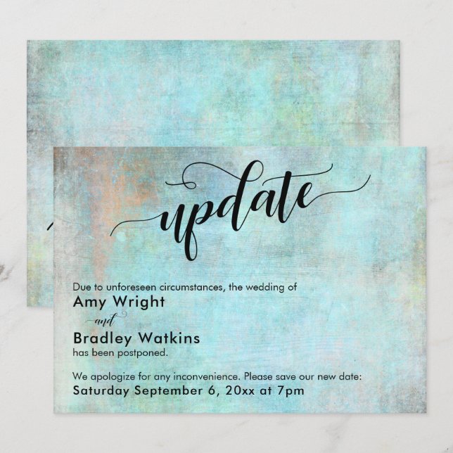 Aqua Grunge Update Postponed Wedding Update Card (Front/Back)