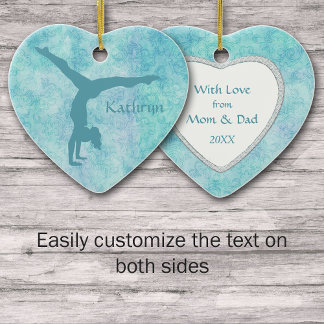 Aqua Gymnast on Teal Pattern Ceramic Tree Decoration