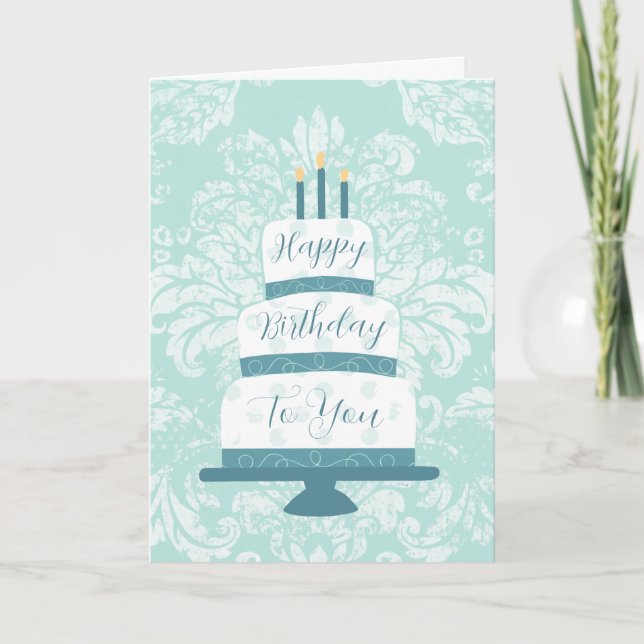 Aqua Happy Birthday Vintage Tiered Birthday Cake Card (Front)