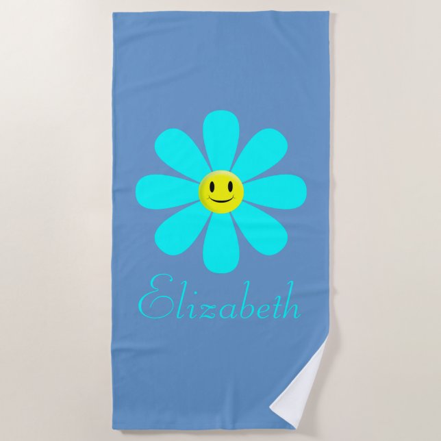 Aqua Happy Face Flower Personalised Beach Towel (Front)