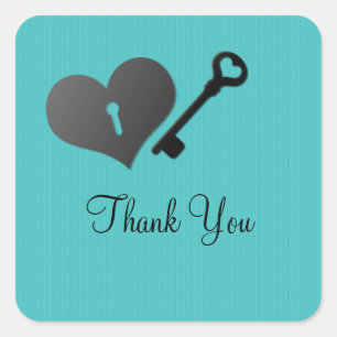 Aqua Heart Lock and Key Thank You Stickers