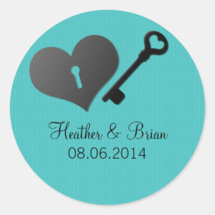 Aqua Heart Lock and Key Wedding Stickers