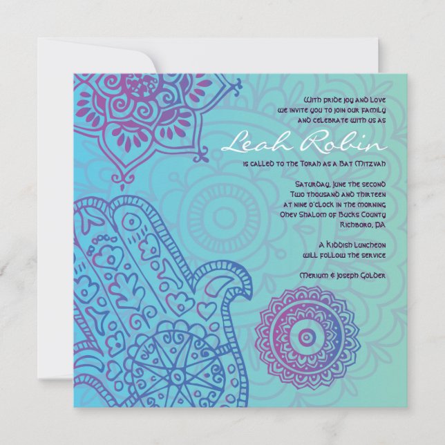 Aqua HEMSA HAND of GOD Bat Mitzvah Invitation (Front)