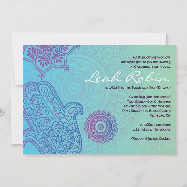 Aqua HEMSA HAND of GOD Bat Mitzvah Invitation (Front)