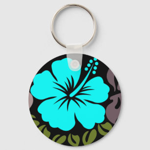 Aqua Hibiscus and Leaves Key Ring