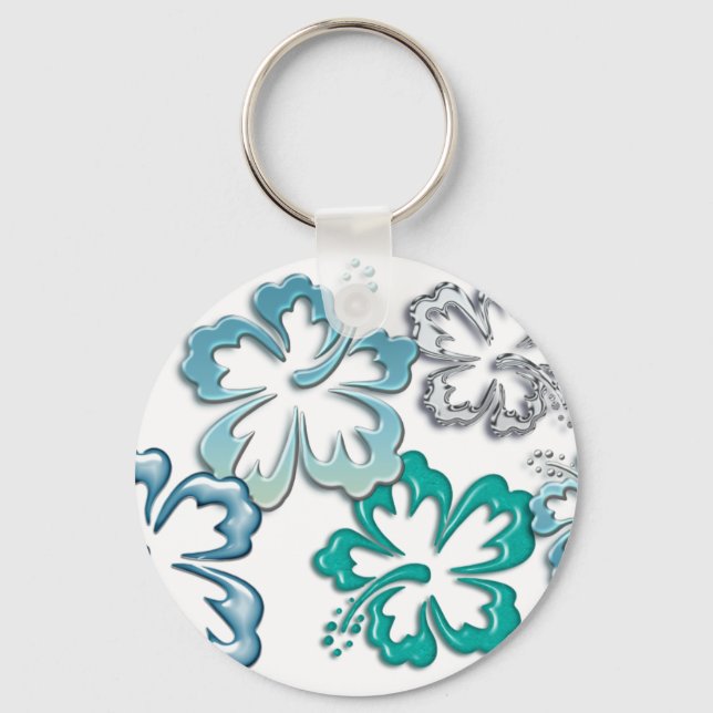 Aqua Hibiscus Blooms Key Ring (Front)