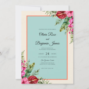Aqua Hibiscus Tropical Muted Eucalyptus Wedding Invitation
