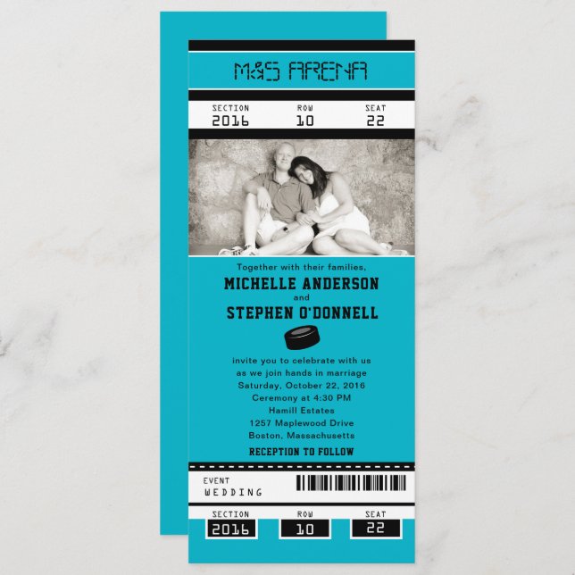 Aqua Hockey Ticket Wedding Invitation (Front/Back)