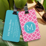 Aqua Hot Pink Quatrefoil Pattern Custom Monogram Luggage Tag<br><div class="desc">A bold,  graphic quatrefoil design in fresh,  cheerful colours. If you need to adjust the monograms,  click on the customise it button and make changes.</div>