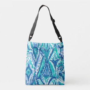 Aqua Ikat Fringe Tribal Watercolor Print Crossbody Bag