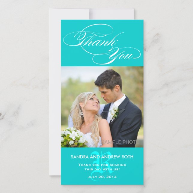 AQUA INITIAL SCRIPT WEDDING THANK YOU PHOTO CARD (Front)