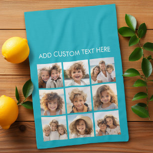 Aqua Instagram Photo Collage with 9 square photos Tea Towel