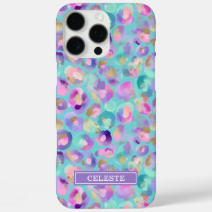 Aqua Iridescent Leopard Print Monogrammed iPhone 16 Pro Max Case