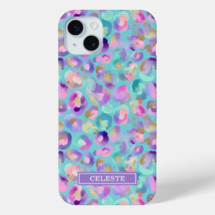 Aqua Iridescent Leopard Print Monogrammed iPhone 15 Mini Case
