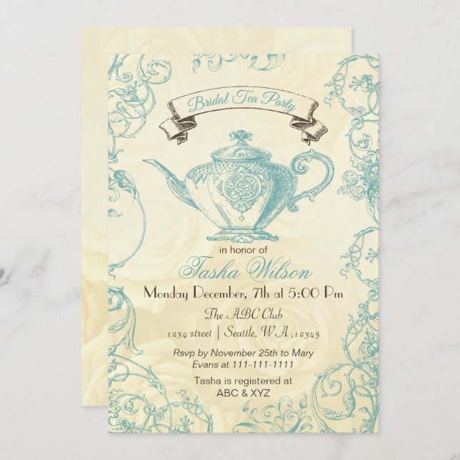 Aqua Ivory Roses vintage Bridal Tea Invites (Front/Back)