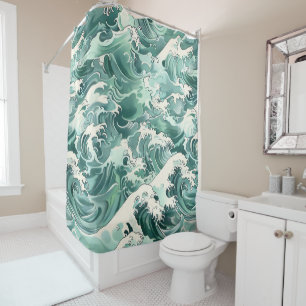 Aqua Japanese Ocean Waves Sea Pattern Shower Curtain