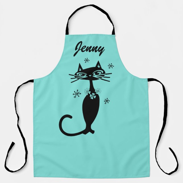 Aqua Kitchen Apron with Retro Atomic Cat  (Front)