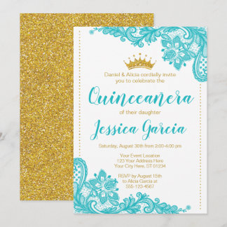 Aqua Lace and Glitter Gold Princess Quinceañera Invitation