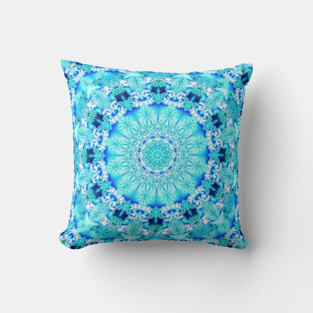 Aqua Lace, Delicate, Abstract Mandala Cushion (Front)