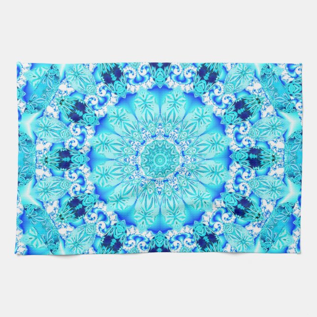Aqua Lace, Delicate, Abstract Mandala Tea Towel (Horizontal)