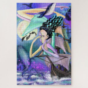 Aqua Lady and Fishes In Night Sailing Abstract Art Jigsaw Puzzle