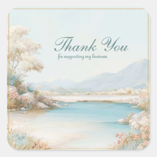 Aqua Lake Pastel Landscape Wildflower Gold Frame Square Sticker