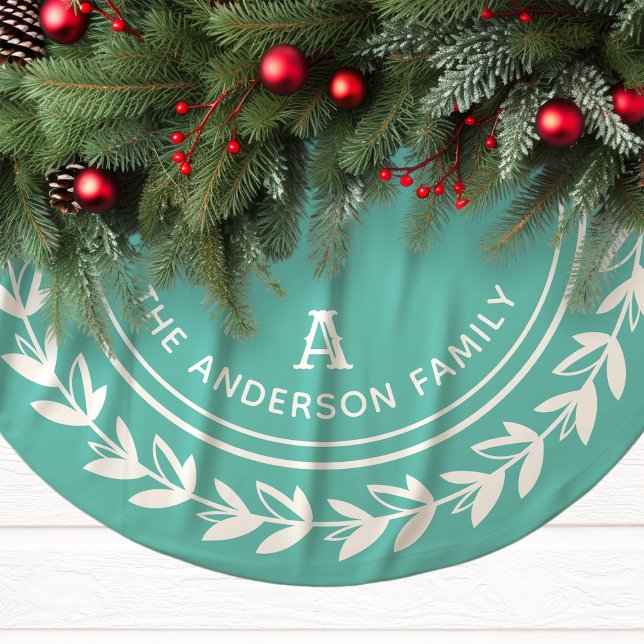 Aqua Laurel Wreath Family Initial Christmas Brushed Polyester Tree Skirt (Creator Uploaded)