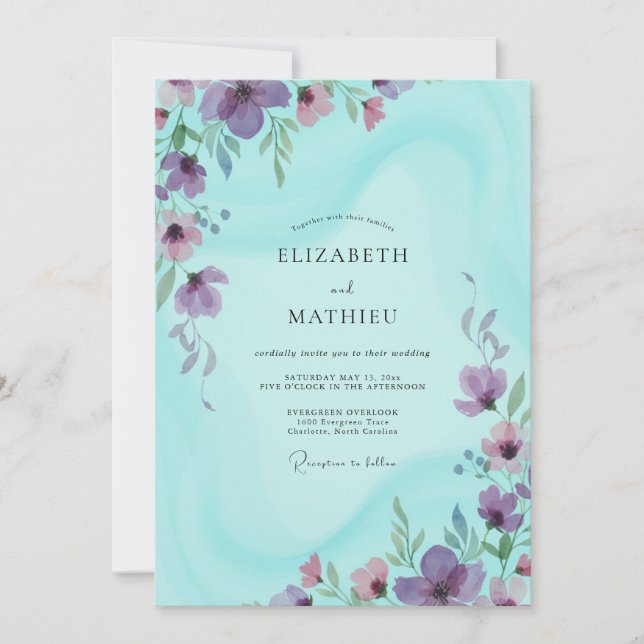 Aqua Lavender Watercolor Wedding Invitation (Front)