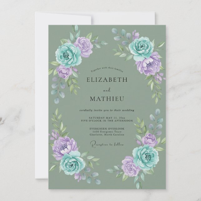 Aqua Lavender Wreath Wedding Invitation (Front)