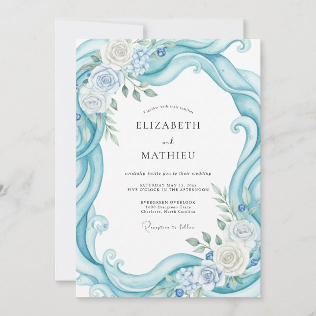 Aqua Leaf Swirl Wedding Invitation (Front)
