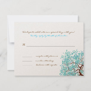 Aqua Leaves Brown Tree Monogram Response Card