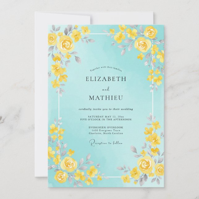 Aqua Lemon Painted Wedding Invitation (Front)