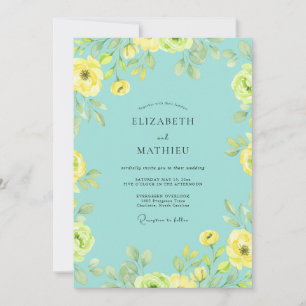 Aqua Lemon Ranunculus Eucalyptus Wedding Invitation
