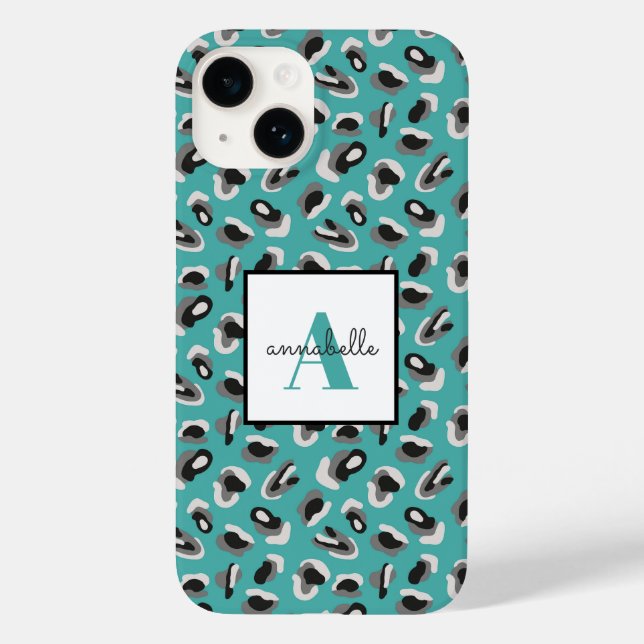 Aqua Leopard Print Personalised Monogram Case-Mate iPhone Case (Back)