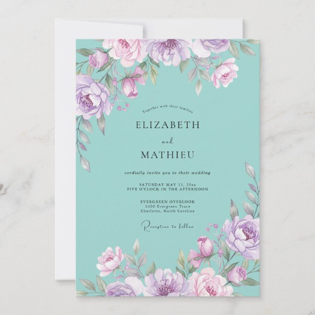 Aqua Lilac Painted Wedding Invitation (Front)