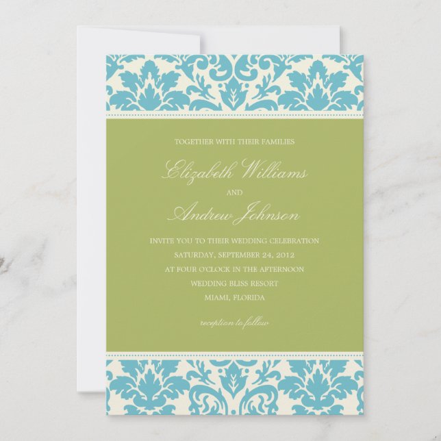 AQUA & LIME DAMASK | WEDDING INVITATION (Front)