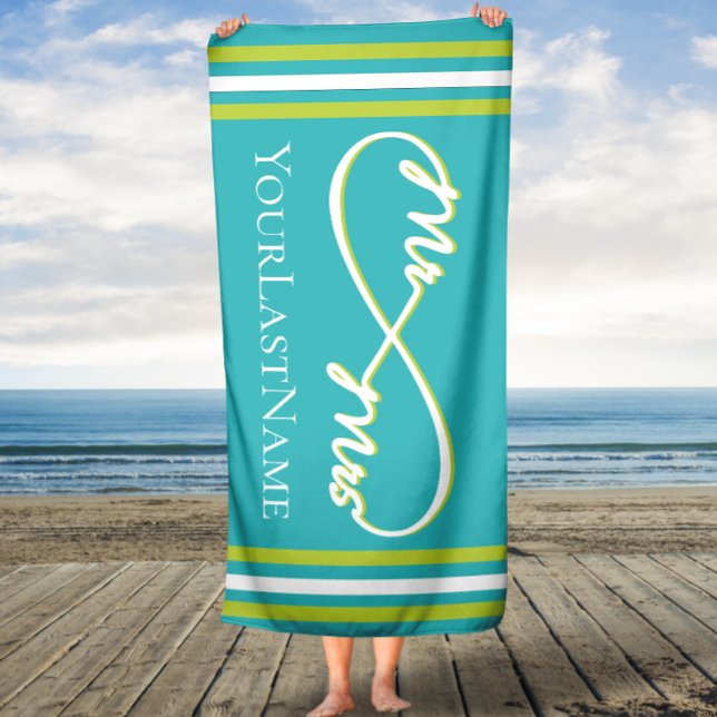 Aqua & Lime Infinity Stripes Mr and Mrs Bath Towel (Creator Uploaded)