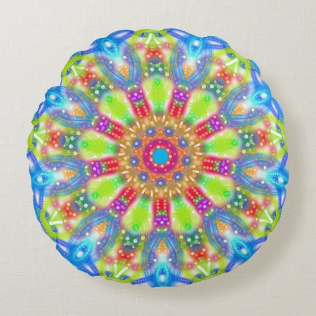 Aqua Lime Mandala Boho Reversible Round Cushion (Front)