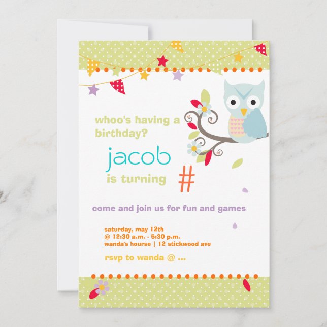 Aqua/Lime Owl Personalised Birthday Party Invitation (Front)