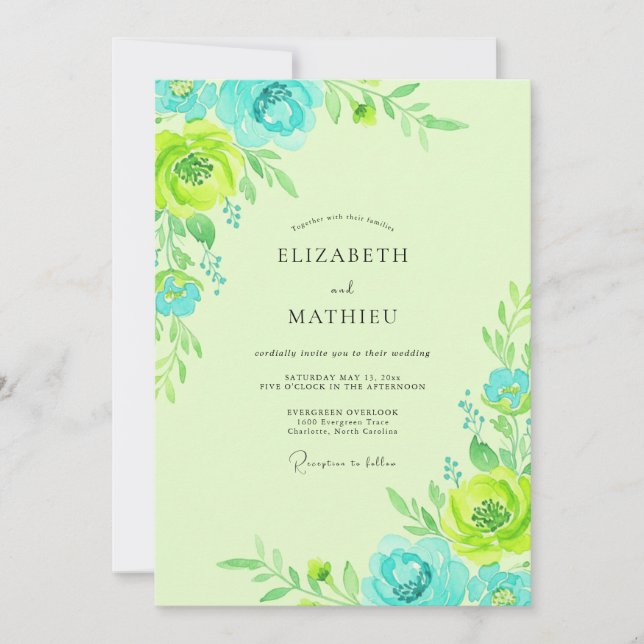 Aqua Lime Peony Wedding Invitation (Front)