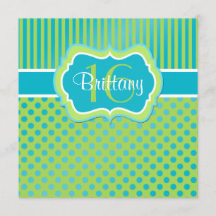 Aqua, Lime Polka Dot Sixteenth Birthday Invitation