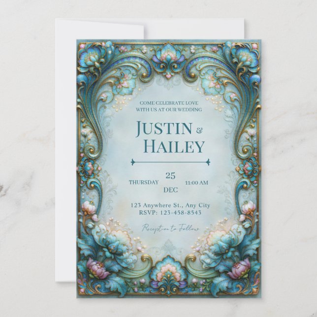 Aqua Lotus Filigree Wedding Invitation (Front)