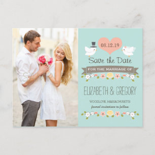 AQUA LOVE BIRDS DOVE SAVE THE DATE ANNOUNCEMENT POSTCARD