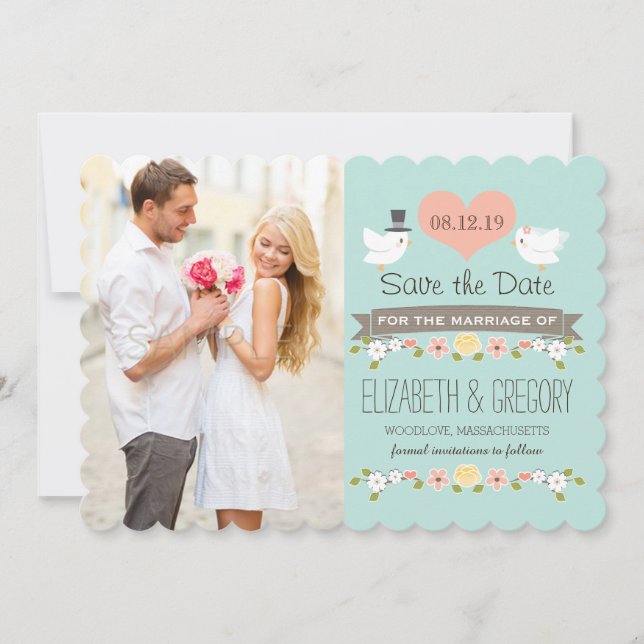 Aqua Love Birds Wedding Save the Date Card (Front)